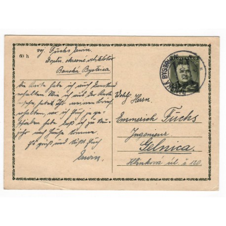 1940 CDV 8 - Jozef Tiso, celina, jednoduchý poštový lístok, Slovenský štát, 1940, Banská Bystrica