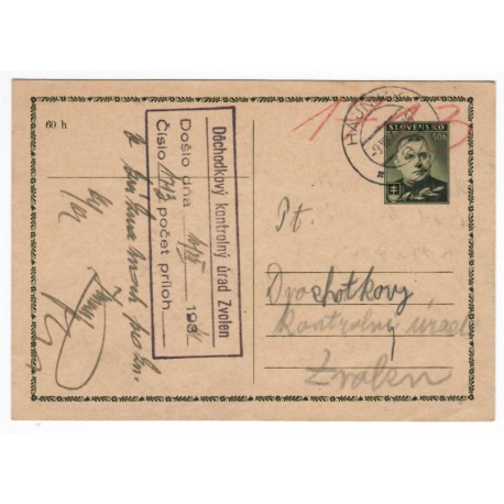 1940 CDV 8 - Jozef Tiso, celina, jednoduchý poštový lístok, Slovenský štát, 1941, Hájniky