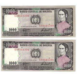 1 000 Pesos - 1982 G, sériové čísla idúce po sebe, Bolívia, UNC
